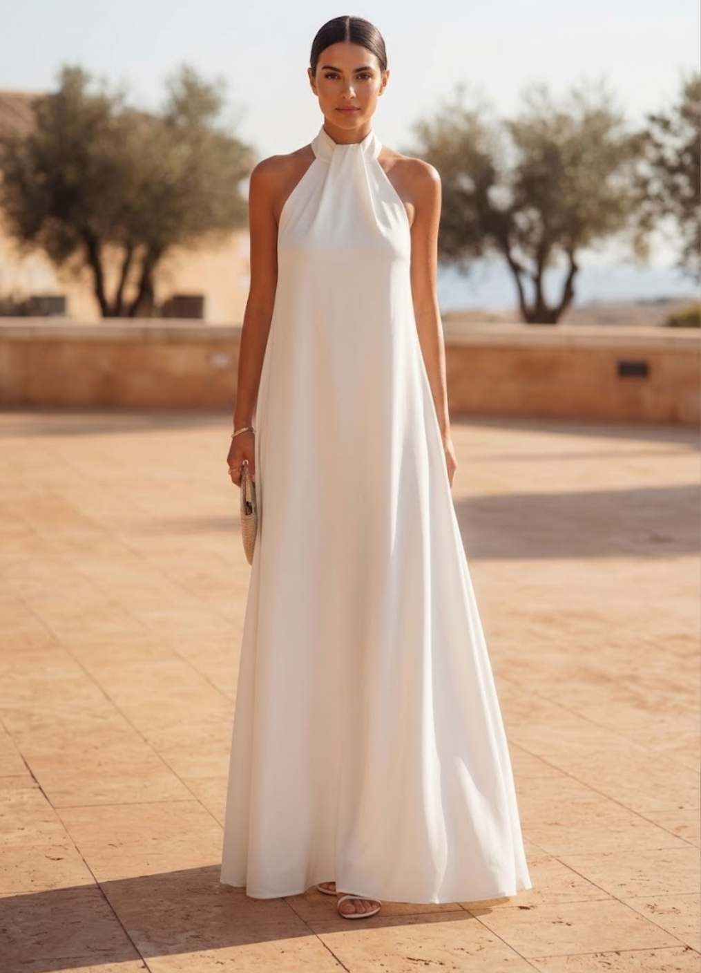 Elegant white halter neck maxi dress for women, perfect for summer occasions, resort wear, or a wedding guest outfit.