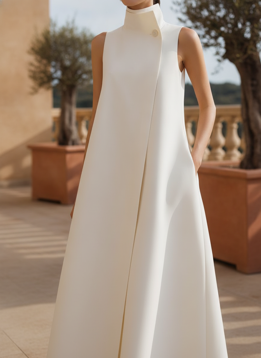 Elegant white high-neck maxi dress for women, perfect for garden parties or a summer wedding guest.