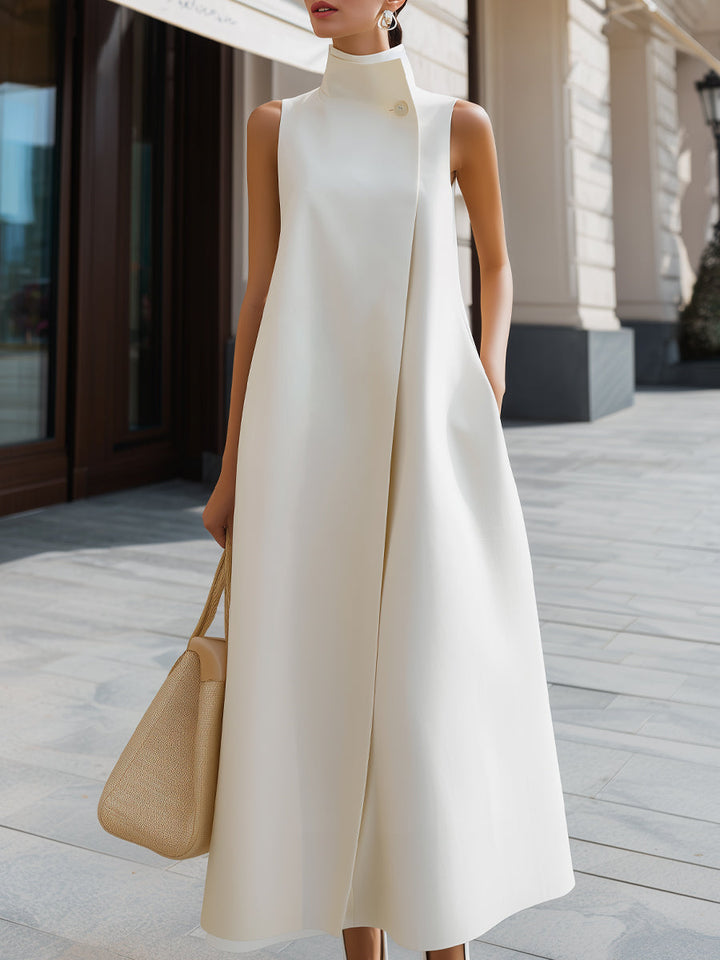 Formal A-line sleeveless high-neck white maxi dress for women, ideal for special occasion evenings.
