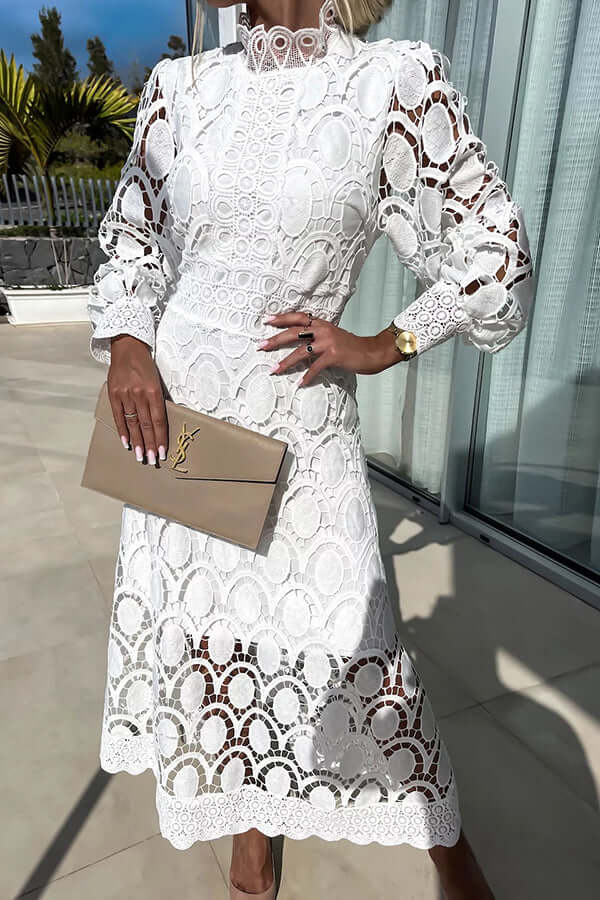 Elegant white lace midi dress for women, perfect for special occasions, cocktail parties, or summer evening wear.