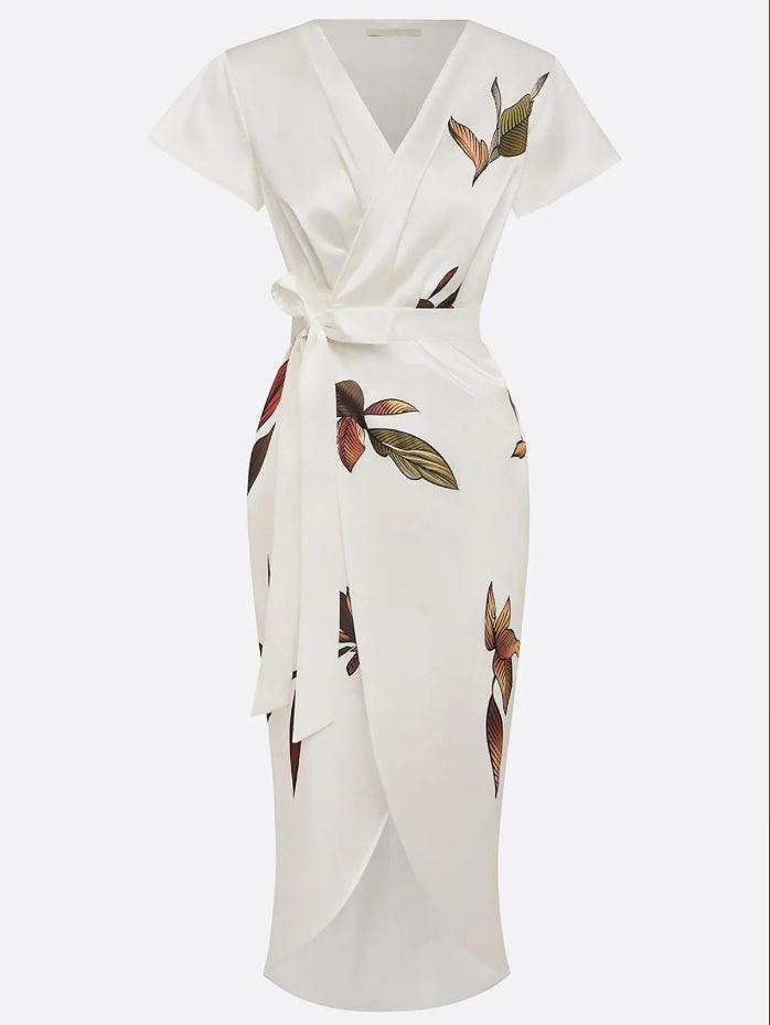 Elegant women's white leaf print wrap V-neck dress with flutter sleeves, ideal for summer garden parties & occasions.