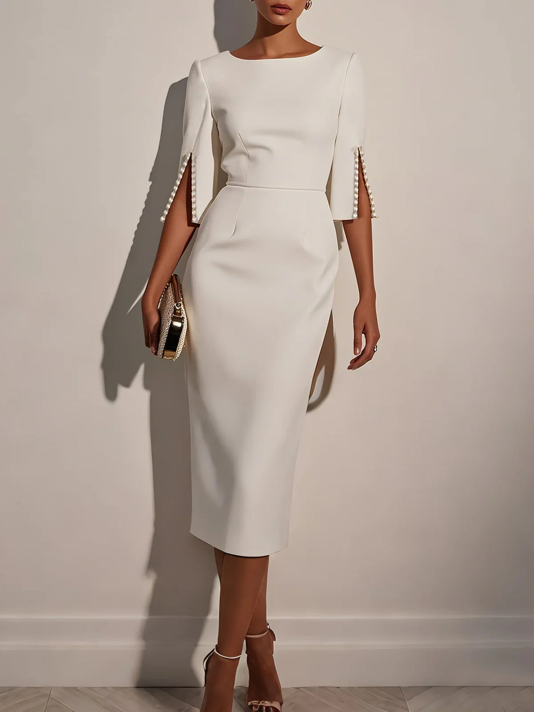 Elegant white pearl sheath midi dress for women, perfect wedding guest outfit.