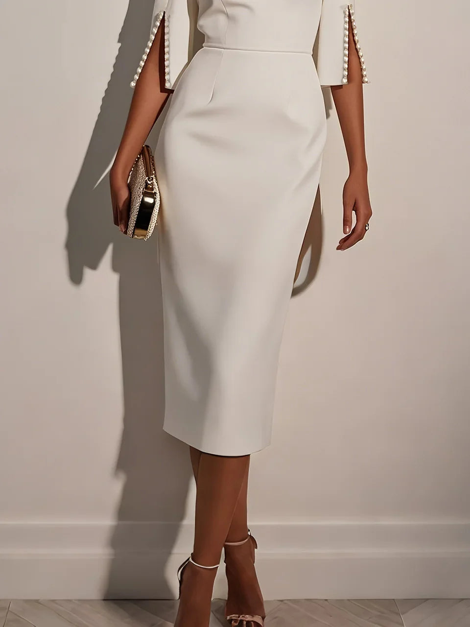 Formal white cocktail dress featuring elegant pearl embellishments.