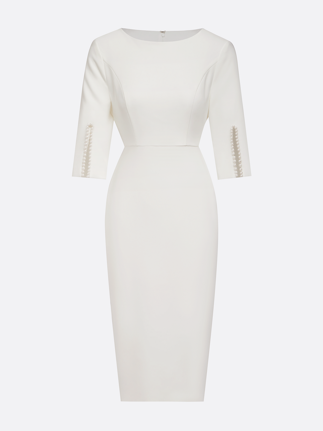 A-line white midi dress with delicate pearl detailing, perfect for events.