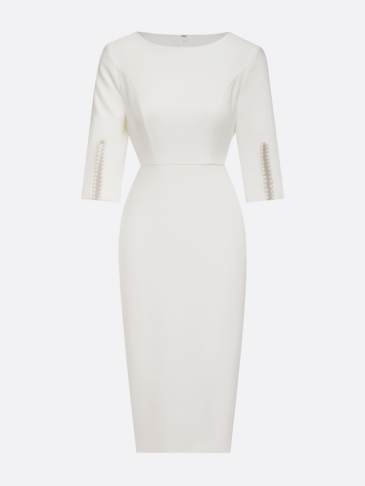 A-line white midi dress with delicate pearl detailing, perfect for events.