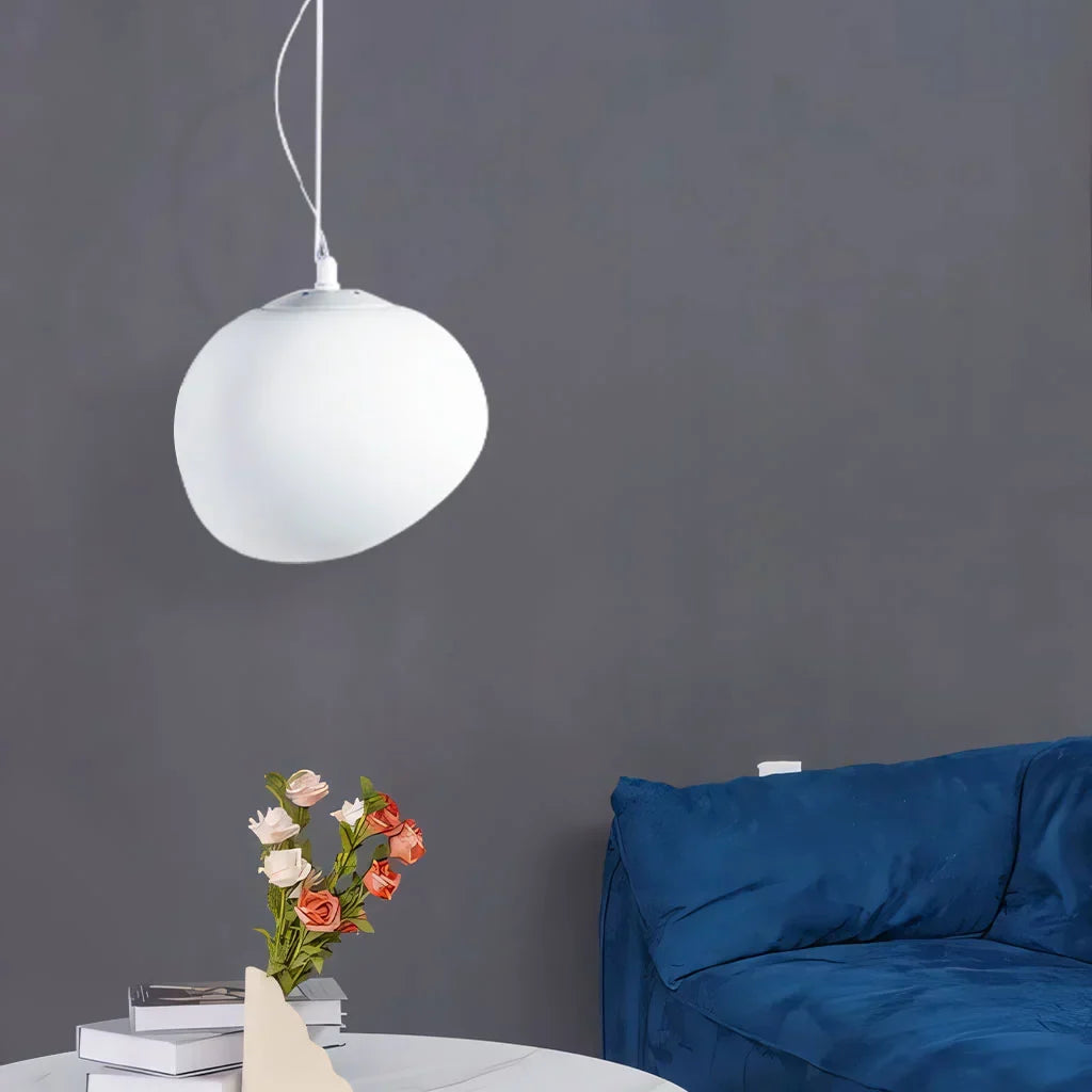 Stylish white pebble pendant ceiling lamp. Minimalist modern indoor lighting fixture & home decor.