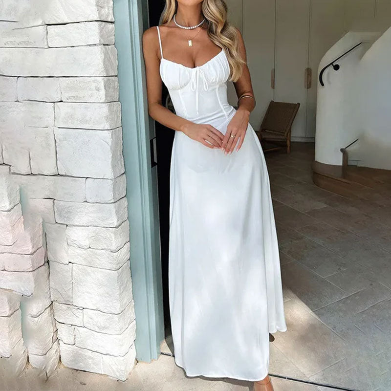 Elegant white sleeveless ruched bodice maxi dress for women, perfect for summer style.