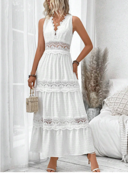Elegant white sleeveless V-neck maxi dress for women, featuring delicate lace accents. Perfect summer occasion dress.