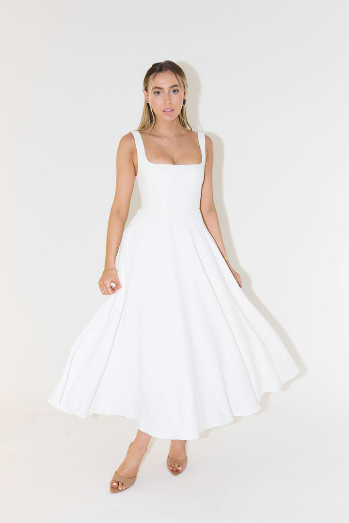 Elegant white square neck A-line midi dress for women, perfect for formal wear & versatile fashion.