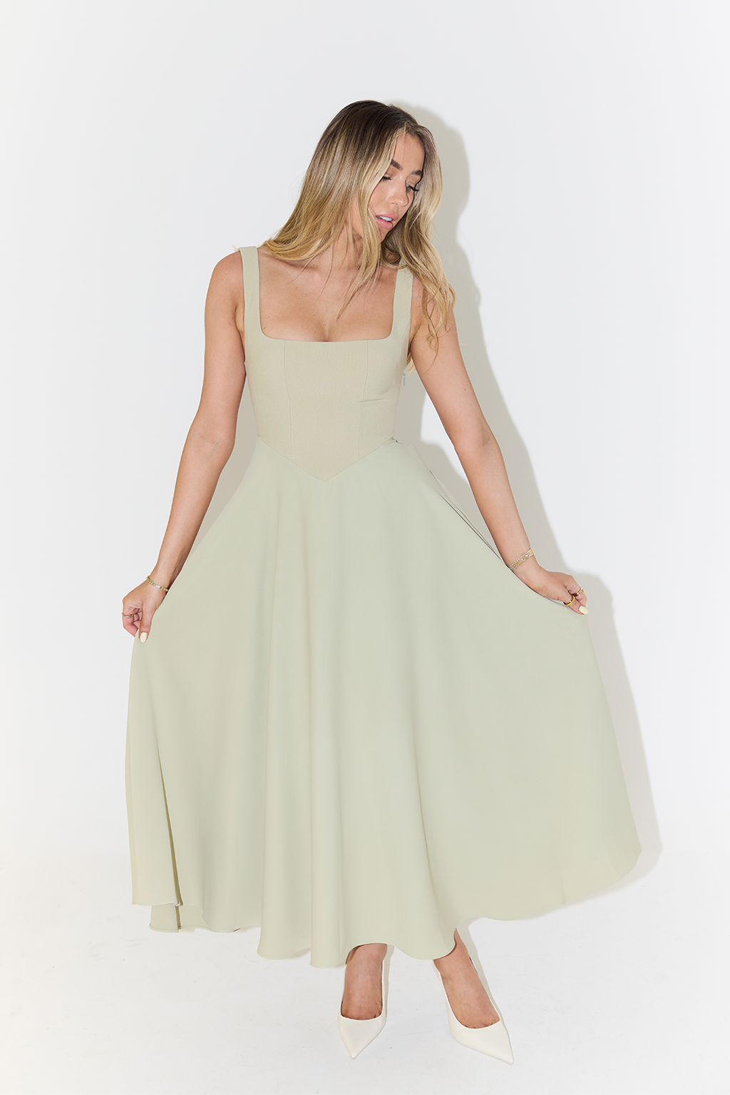 Chic formal women's midi dress with an elegant square neck, ideal for special occasions & sophisticated style.