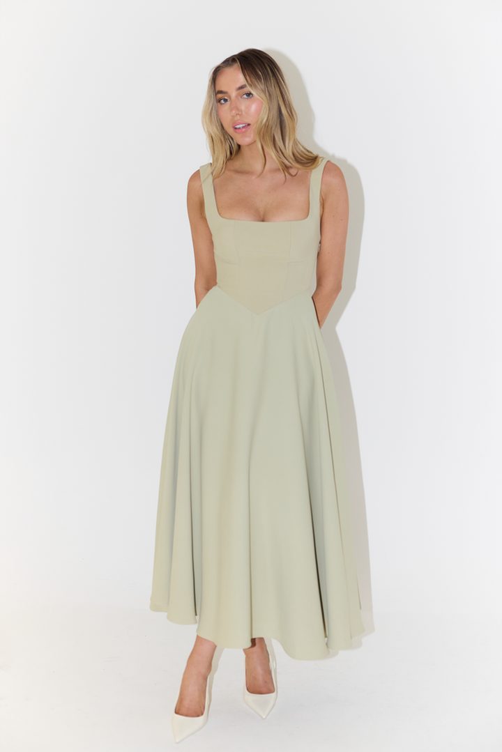 White square neck midi dress for women, an elegant spring outfit & summer style; also great for formal wear.
