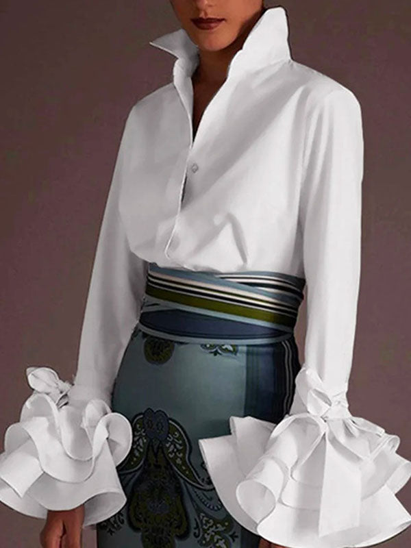 Elegant white tiered ruffle cuff button up blouse for women, perfect for work or stylish casual wear.