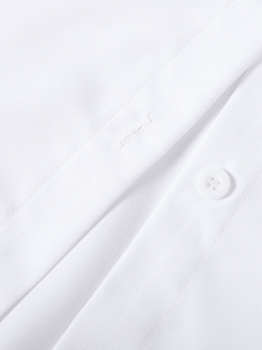 Versatile women's tiered ruffle cuff button up blouse. Elegant, casual, or workwear with chic flare sleeves.