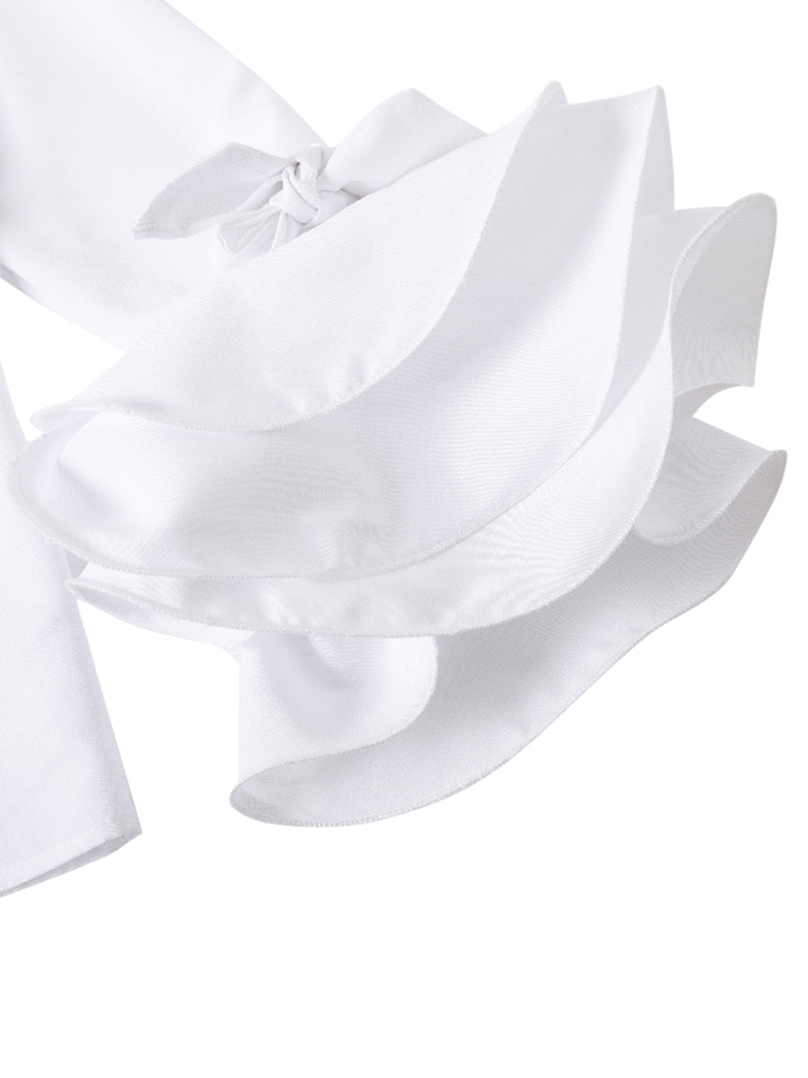 Elegant women's white tiered ruffle cuff button up blouse. Feminine and stylish flare sleeve top.