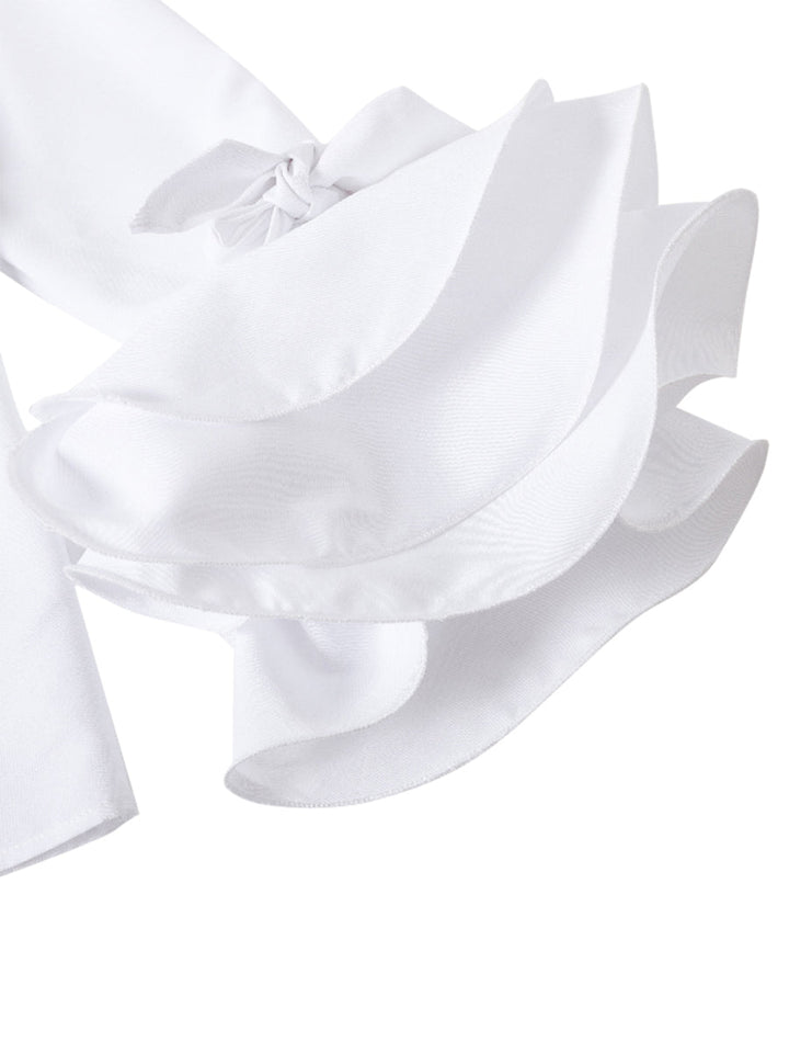 Elegant women's white tiered ruffle cuff button up blouse. Feminine and stylish flare sleeve top.