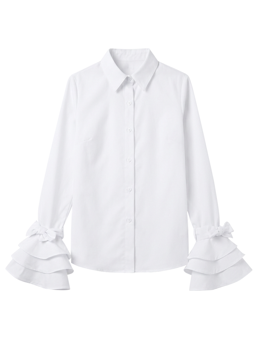 White elegant tiered ruffle cuff button up shirt, a feminine top perfect for any occasion. Stylish blouse.