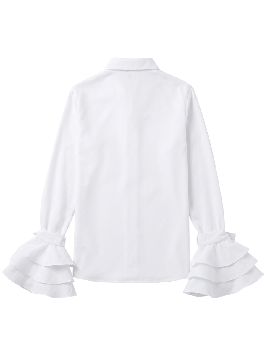 Women's elegant tiered ruffle cuff blouse with stylish flare sleeves. A sophisticated button up top.