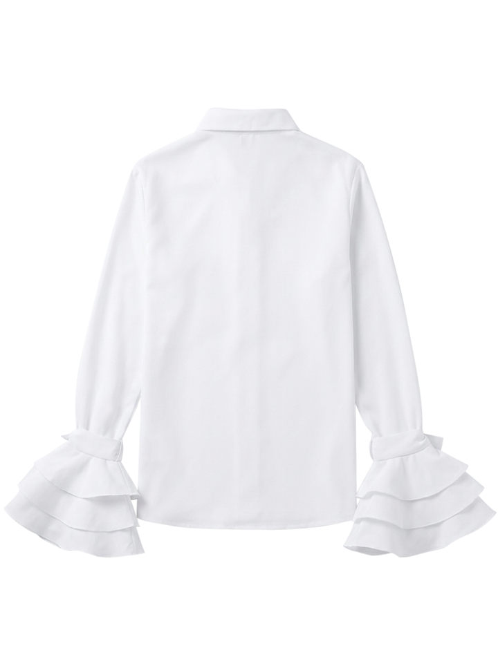 Women's elegant tiered ruffle cuff blouse with stylish flare sleeves. A sophisticated button up top.