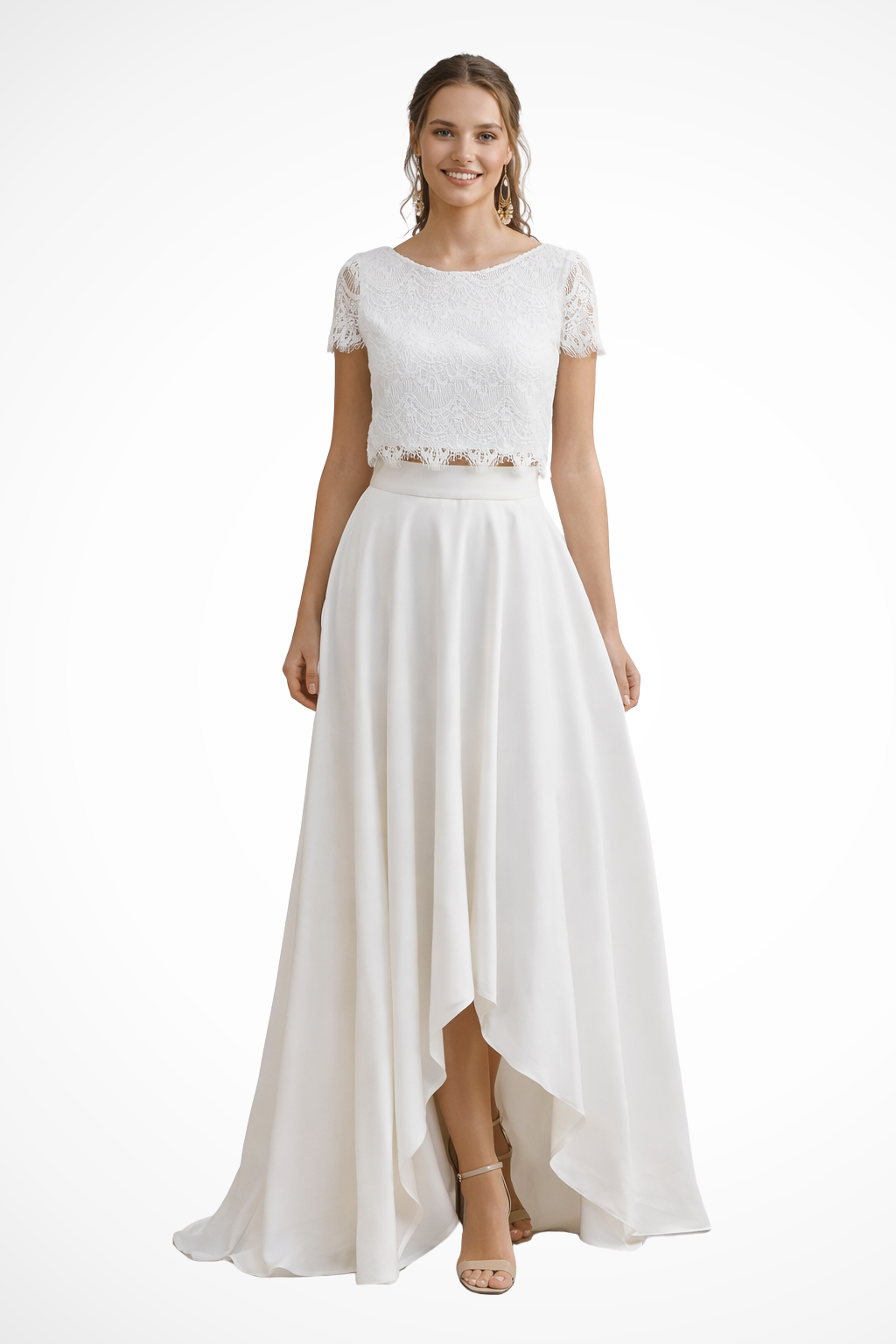 Elegant white two-piece top & maxi skirt set for women, perfect for formal occasions & evening wear.