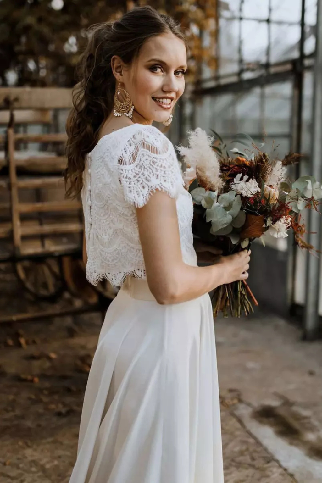 Elegant white two-piece top & maxi skirt set for women, a stunning choice for bridal wear or formal events.