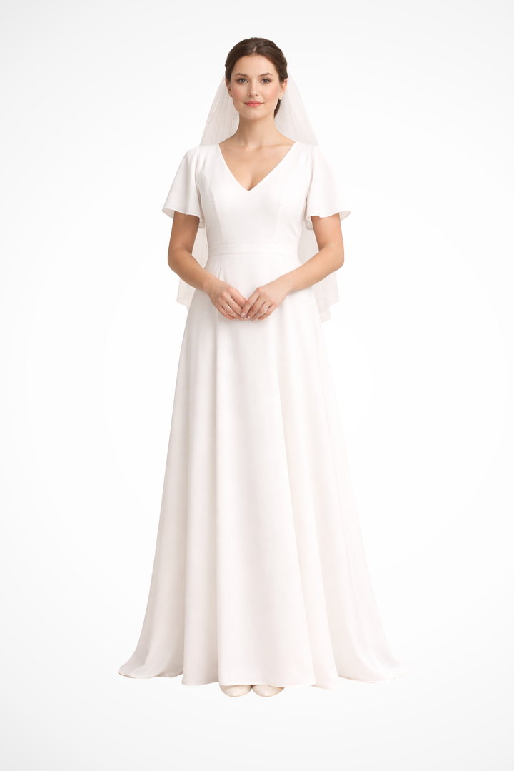 Elegant white V-neck flutter sleeve maxi dress for women, perfect as a wedding guest or formal evening wear.
