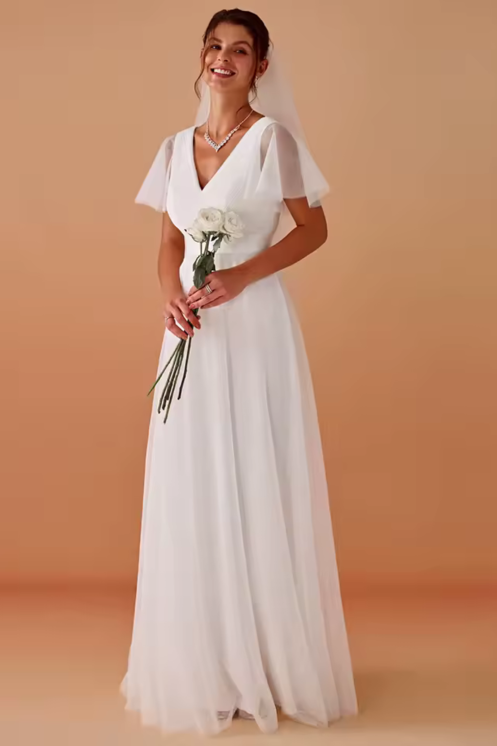 Stunning women's formal maxi dress with graceful flutter sleeves and a flattering V-neck, suitable for evening wear.