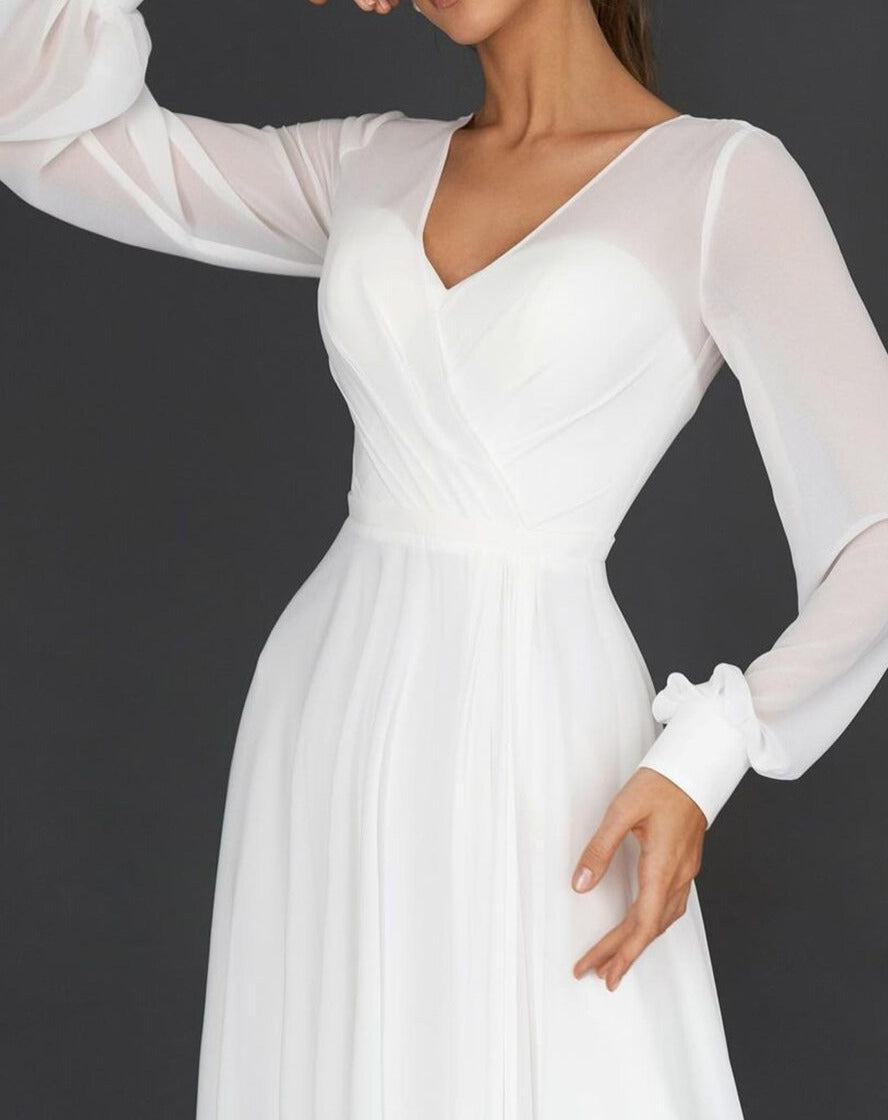 Elegant white V-neck midi dress for women, featuring long sleeves & a flattering pleated skirt. Perfect for formal occasions.
