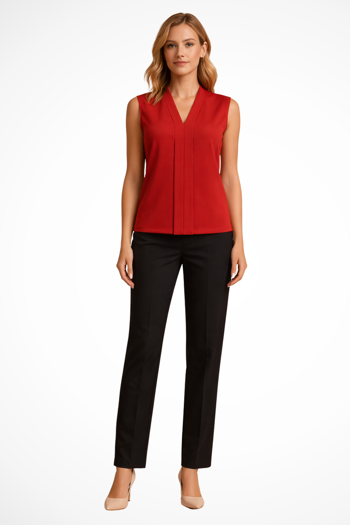 Women's elegant V-neck sleeveless top. Chic white blouse, versatile for smart casual, workwear, or summer fashion.