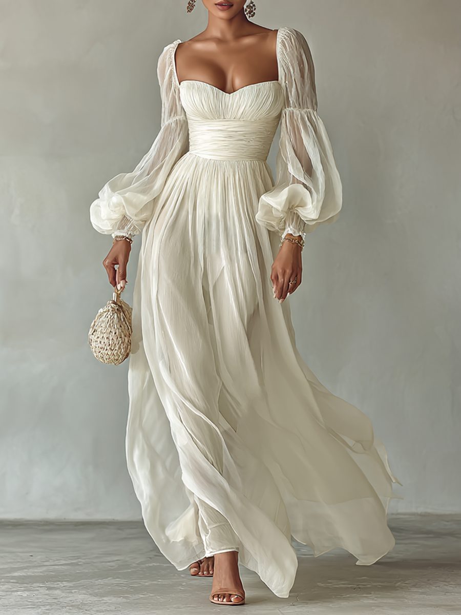 Elegant white women's square neck long sleeve maxi dress. Perfect for versatile spring & summer occasions.
