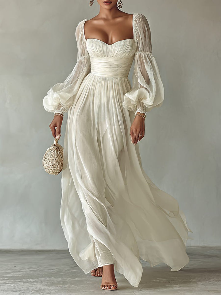 Elegant white women's square neck long sleeve maxi dress. Perfect for versatile spring & summer occasions.