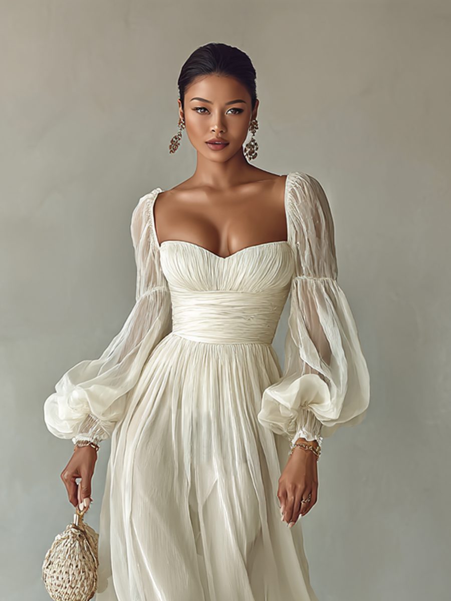 Flowy white long sleeve maxi dress for women with elegant square neck. Comfortable for casual or evening wear.