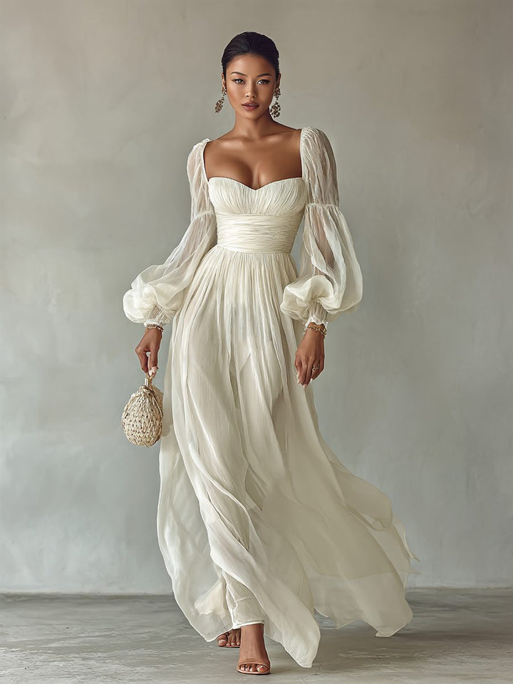 Versatile white square neck long sleeve maxi dress for women. Chic, comfortable, & elegant for any occasion.
