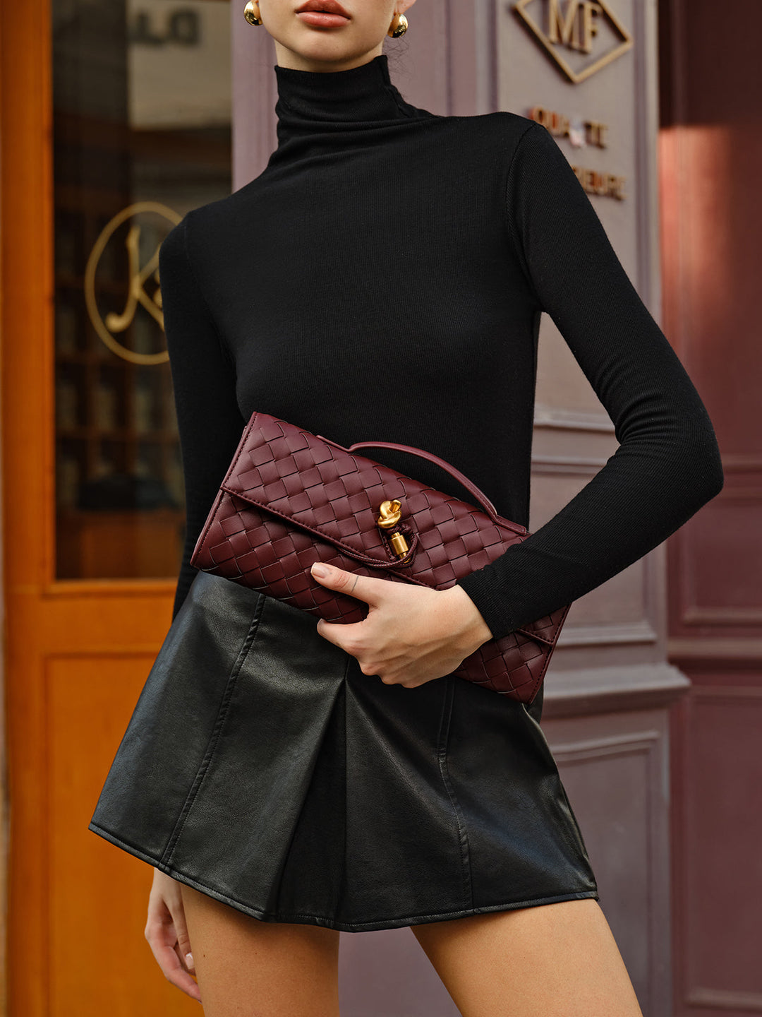 Women's wine red woven shoulder bag. Versatile elegant purse with a detachable strap, perfect for day to night.