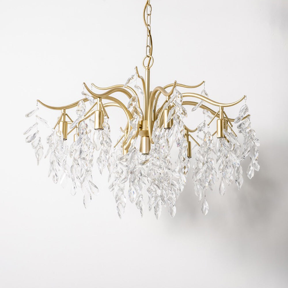 Elegant wisteria crystal chandelier illuminating a dining room, modern luxury home decor lighting.