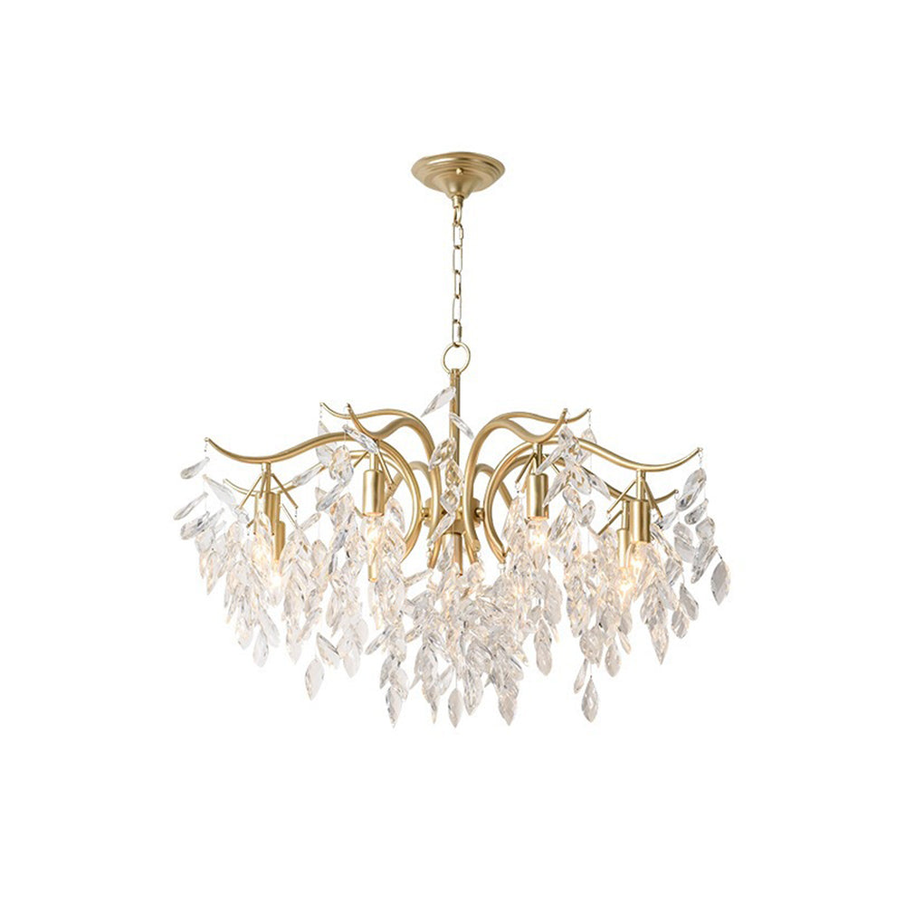 Gold & crystal wisteria flower chandelier, elegant modern luxury lighting statement piece.