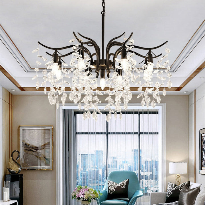 Artistic wisteria flower crystal chandelier, elegant statement piece for modern luxury home lighting.