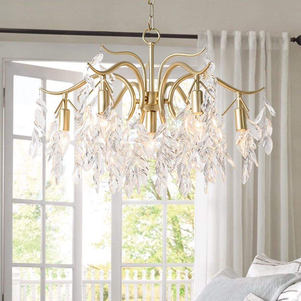 Sparkling crystal wisteria flower chandelier, elegant gold finish lighting for luxurious interiors.