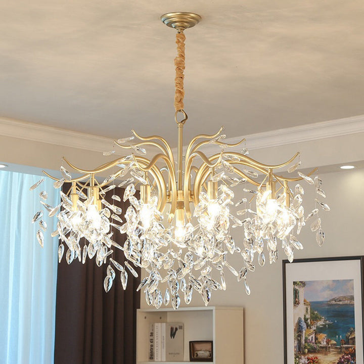 Luxurious gold wisteria flower crystal chandelier, stunning modern ceiling light for sophisticated homes.