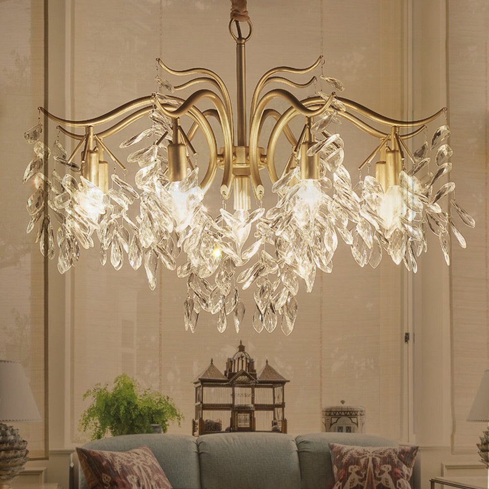 Close-up of shimmering wisteria flower crystal chandelier details, elegant modern luxury lighting.