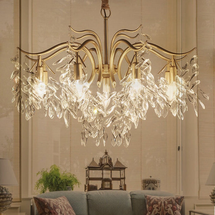 Close-up of shimmering wisteria flower crystal chandelier details, elegant modern luxury lighting.