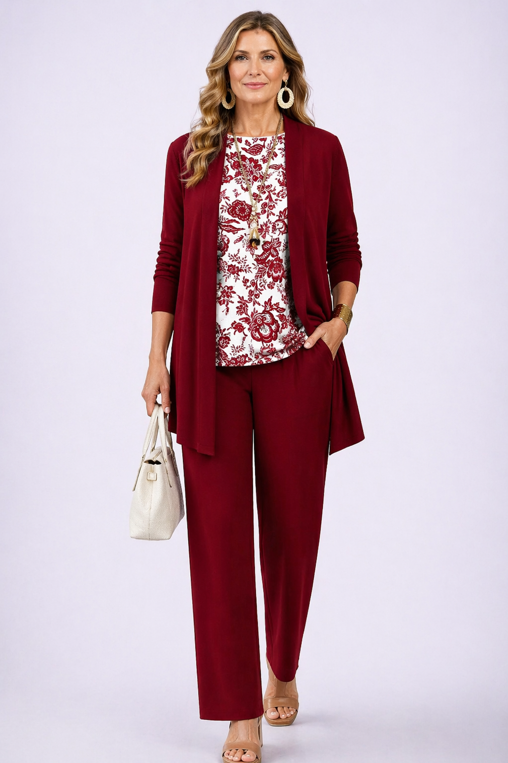 Elegant women's 3-piece outfit: wide leg pants, top & cardigan. Perfect for casual spring/fall fashion or comfortable travel.