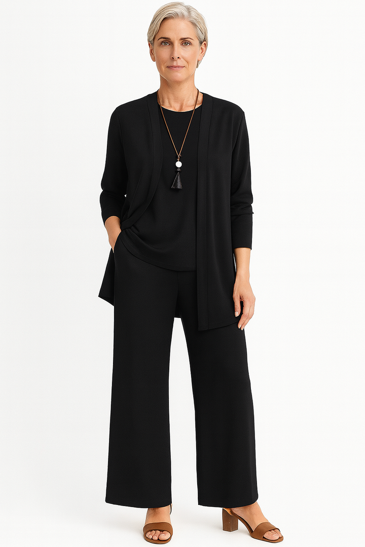 Versatile women's tailored 3-piece set for business casual. Elegant jacket, waistcoat & pants outfit.