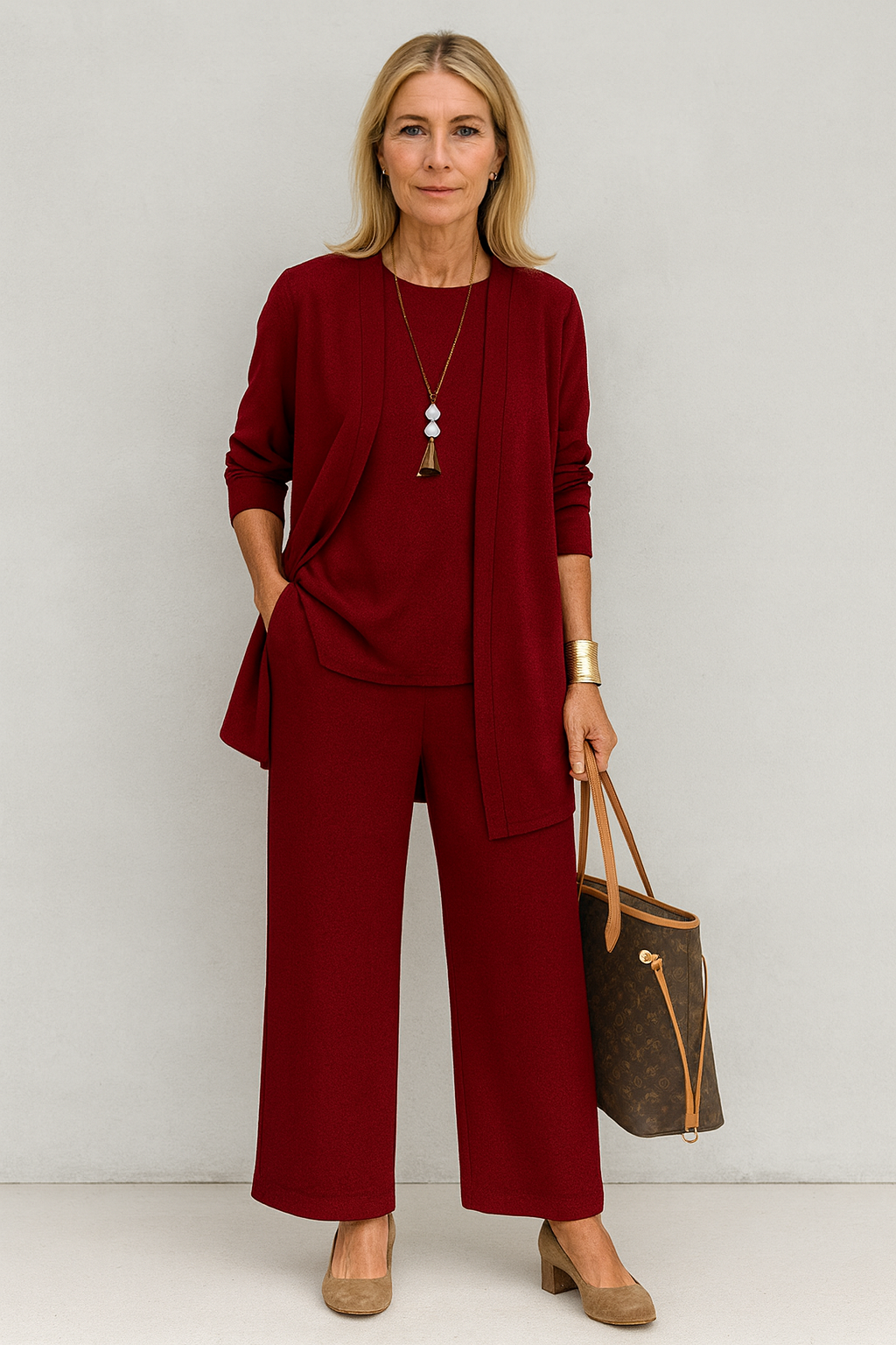 Women's sophisticated 3-piece outfit: stylish jacket, chic waistcoat & smart pants. Midi season fashion.