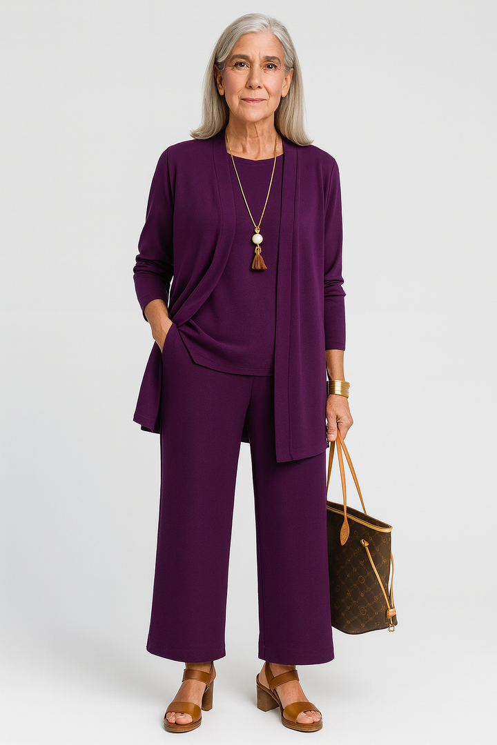Women's midi season elegant 3-piece set. Tailored jacket, waistcoat & pants. Business casual style.