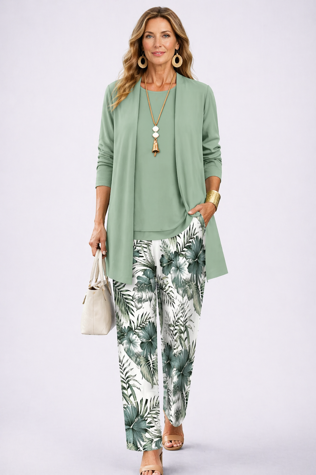 Elegant women's 3-piece set: long sleeve top, wide-leg pants & open cardigan in an earthy tone. Casual, comfortable, relaxed fit.