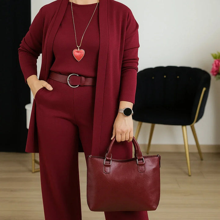 Versatile women's lounge wear 3-piece set with a comfy cardigan, cami & chic wide-leg trousers.