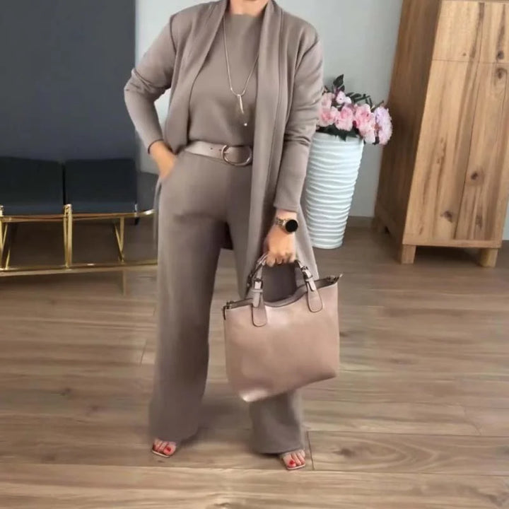 Chic women's 3-piece set: long cardigan, sleeveless cami, and fashionable wide-leg lounge pants.