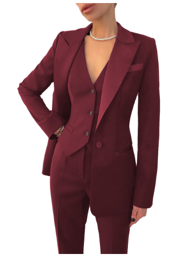 Professional women's 3-piece suit: a stylish blazer, vest & trousers for formal business occasions.