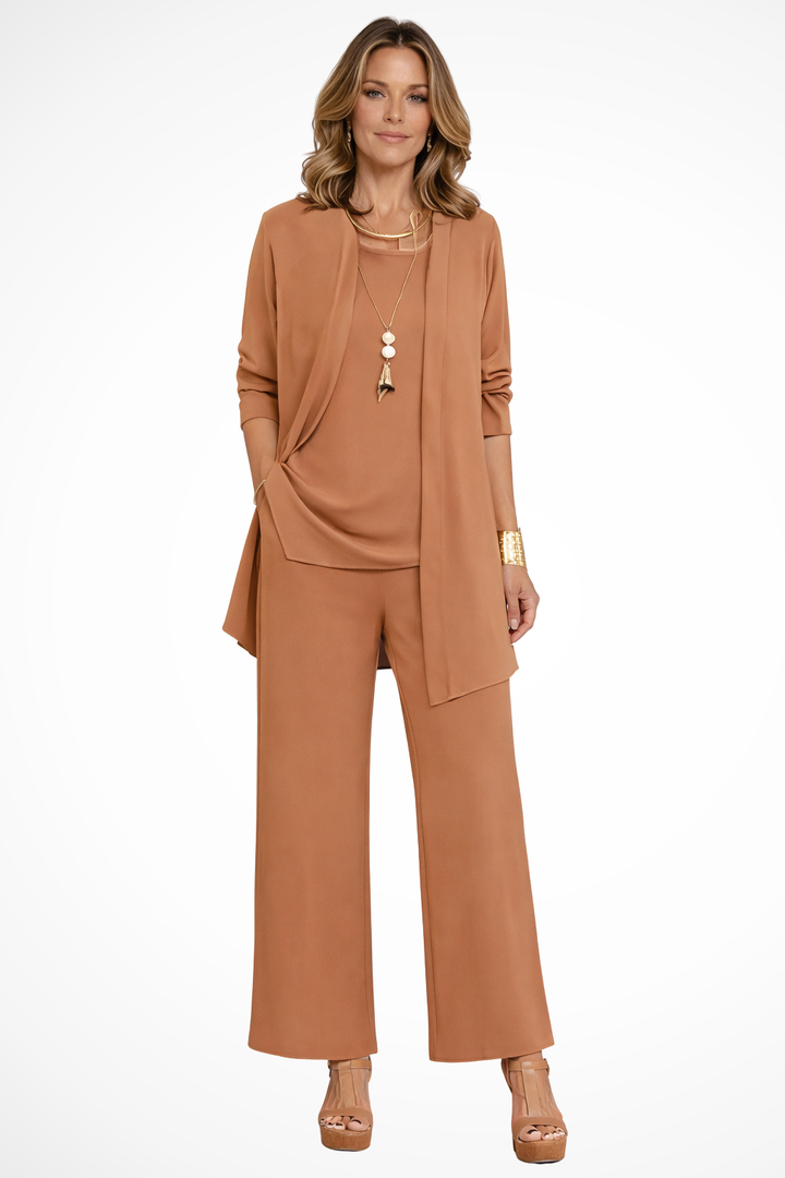 Elegant women's 3-piece trouser set: sleeveless top, open front jacket & chic wide-leg pants for versatile wear.