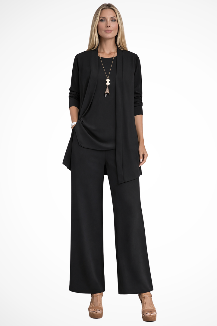 Sophisticated women's coordinated outfit with a sleeveless top, stylish jacket & comfortable wide-leg pants.